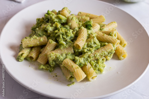 Creamy macaroni pasta with cheese and broccoli. Quick and easy vegetarian recipe.