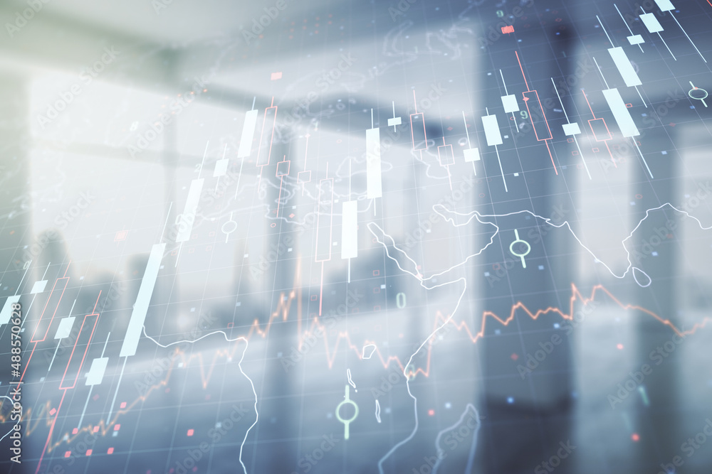 Multi exposure of abstract financial diagram and world map on abstract empty interior background, banking and accounting concept Multi exposure of abstract financial diagram and world map on abstract empty interior background, banking and accounting concept