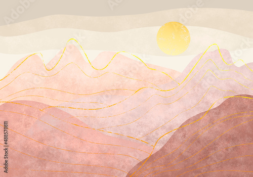 Beige landscape of mountains with a golden sun. Grunge illustration of nature in earthy shades