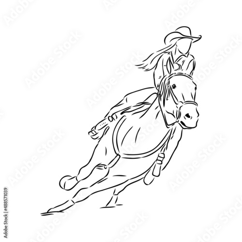 vector image of a cowboy on a wild horse mustang decorating it at a rodeo in the style of art sketches