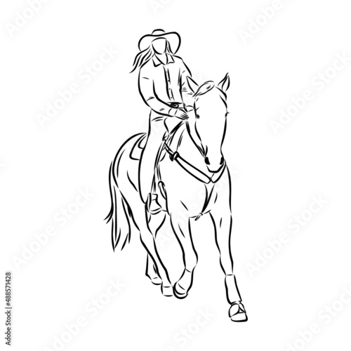 vector image of a cowboy on a wild horse mustang decorating it at a rodeo in the style of art sketches