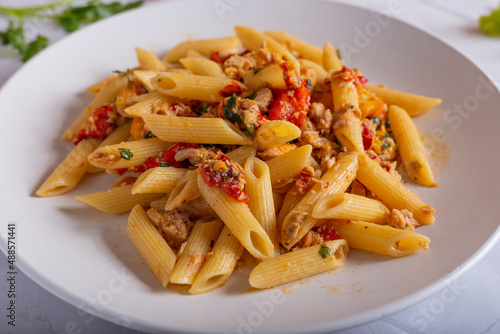 Penne with tuna and peppers. Easy and quick recipe typical of Mediterranean cuisine