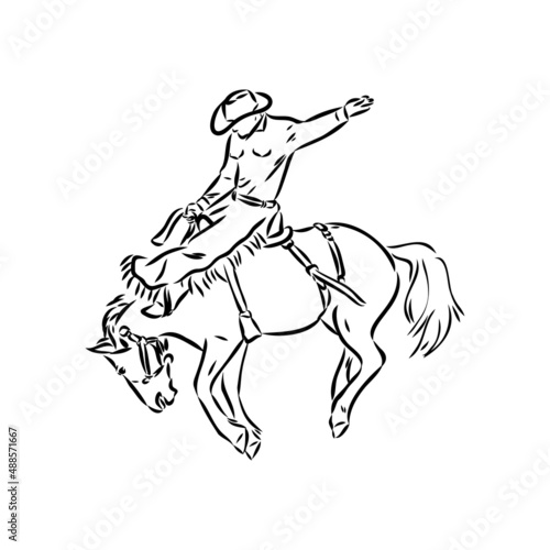 vector image of a cowboy on a wild horse mustang decorating it at a rodeo in the style of art sketches