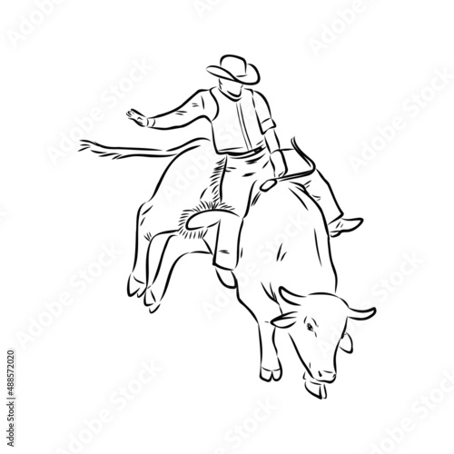 vector image of a cowboy on a wild horse mustang decorating it at a rodeo in the style of art sketches