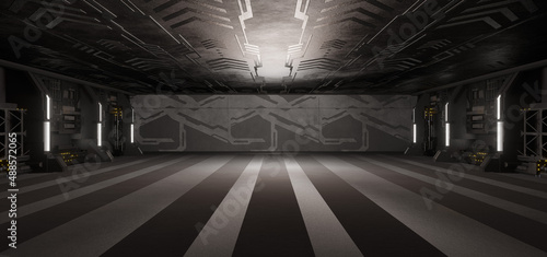 Robotic SciFi Empty Hallway Corridor Room Garage Studio Dance Glowing Dark Grey Colors Modern Background Future Concept Art 3D Rendering