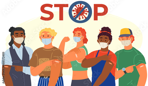 Stop coronavirus agitation concept. Vaccination promo, immunization of workers. Vaccine saves lives. People wearing protective mask showing their arm with bandage after receiving covid-19 vaccine