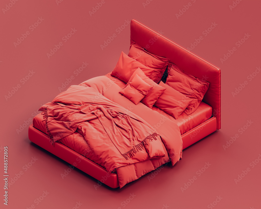 ภาพประกอบสต็อก Isometric red bed. Monochrome single color crumpled