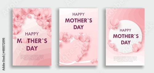 mother's day concept, vertical banners set. Vector illustration. red and pink paper hearts frame.