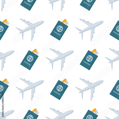 Airplane and passport pattern on white background