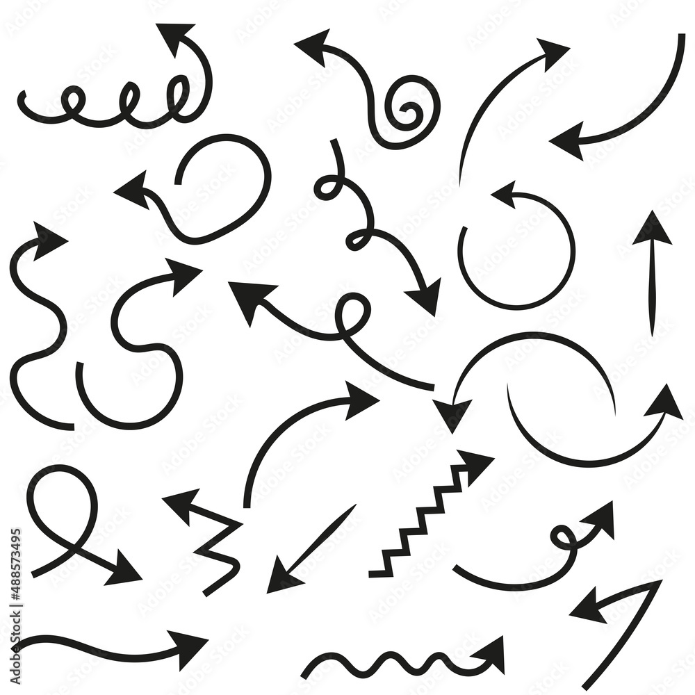 Doodle set with black arrow icon. Arrow icon shape templates. Series doodle arrow elements. Vector collection