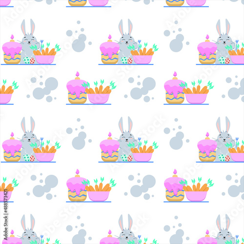 seamless pattern of gray bunnies with a cupcake and a bowl of carrots