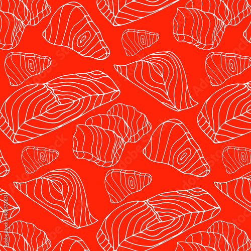 Seamless pattern with Salmon steak , conceptual sea food background, flat lay composition. Vector illustration. Good for menu cafe, restaurants, shops, market, packages.