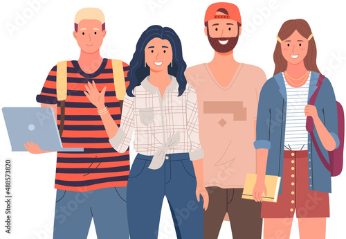 Happy school pupils or college students standing with books. Portrait of smiling people with backpacks. Diverse college, university students, schoolgirl and schoolboy with notebook and laptop studying