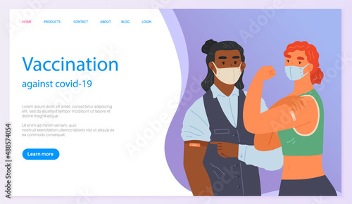 Stop coronavirus agitation concept. Vaccination promo, immunization of workers. Vaccine saves lives. People wearing protective mask showing their arm with bandage after receiving covid-19 vaccine