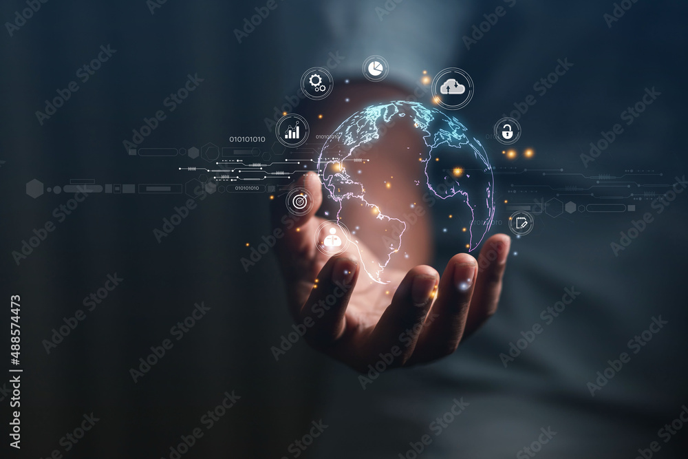 Businessman presenting futuristic business world metaverse graphic. In the form of innovation in digital business processing technology, innovation of the 21st century	 - obrazy, fototapety, plakaty 