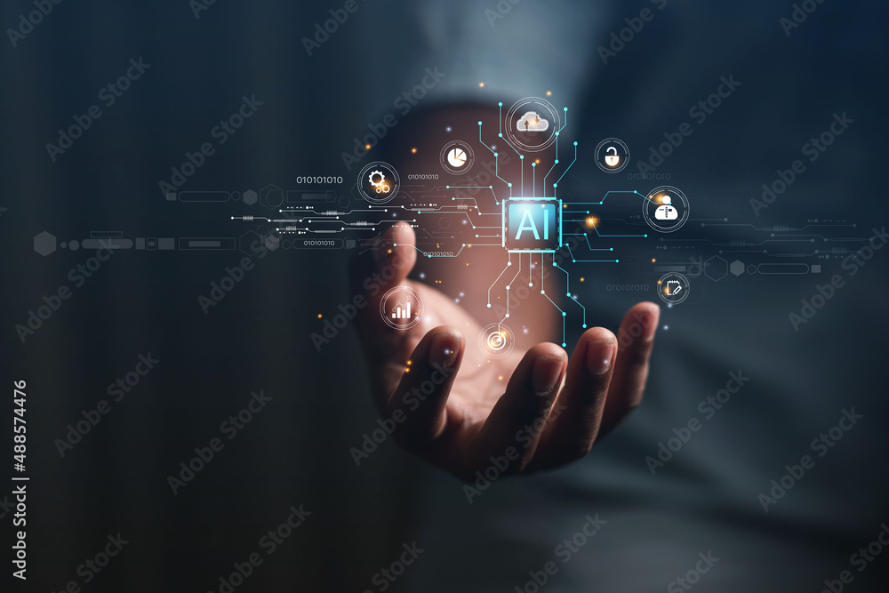 Businessmen use their hands to touch Virtual Media Ai technology to manage online business systems in corporate networks. network business processing concept Businessmen use their hands to touch Virtual Media Ai technology to manage online business systems in corporate networks. network business processing concept