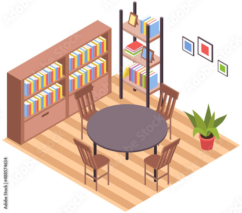 Modern interior of living room. Cosy furnished apartment. Comfy flat with bookcase, round table, chairs, bookshelf and houseplants and home decorations on white background, elements of furniture
