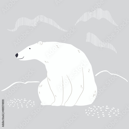 Cute cartoon polar bear, northern landscape. Hand drawn vector illustration. Winter animal character. Arctic wildlife, nature. Design concept for kids fashion, textile print, poster, card, baby shower