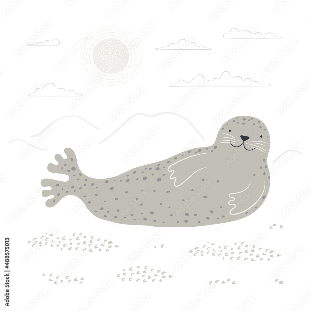 Cute cartoon seal, northern landscape, isolated. Hand drawn vector illustration. Winter animal character. Arctic wildlife. Design concept for kids fashion, textile print, poster, card, baby shower.