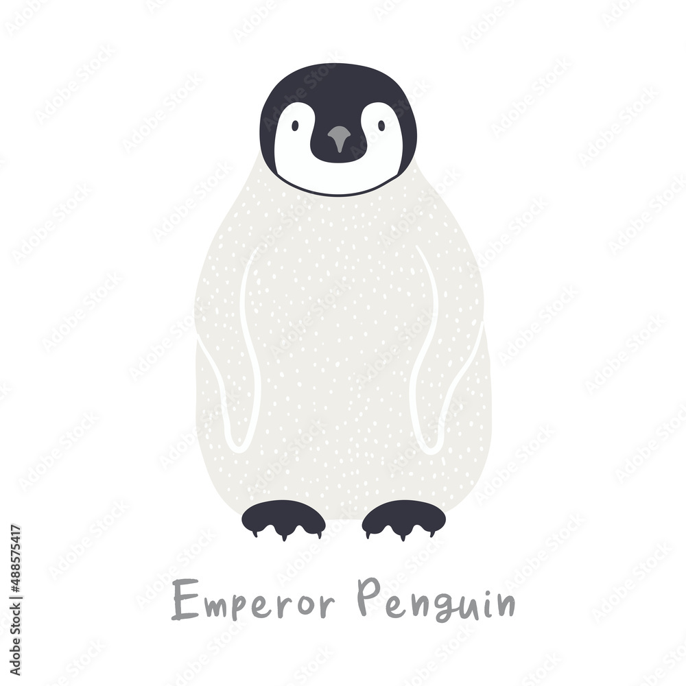 Fototapeta premium Cute cartoon emperor penguin chick, isolated on white. Hand drawn vector illustration. Winter animal character. Antarctic wildlife. Design concept for kids fashion print, poster, card, baby shower.