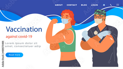 Stop coronavirus agitation concept. Vaccination promo, immunization of workers. Vaccine saves lives. People wearing protective mask showing their arm with bandage after receiving covid-19 vaccine