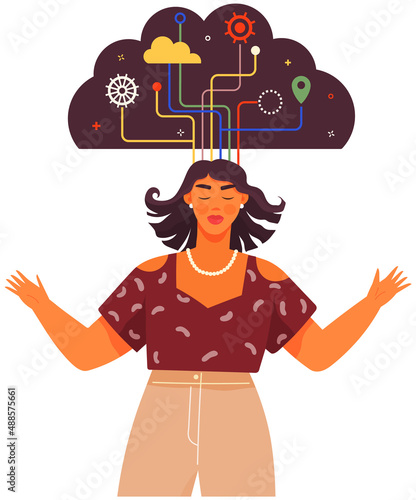 Woman in process of thinking with mental mindset types or creative models to solve problem. Person with thoughts in shape of cloud. Developing creative thinking to deal with problems, find solutions