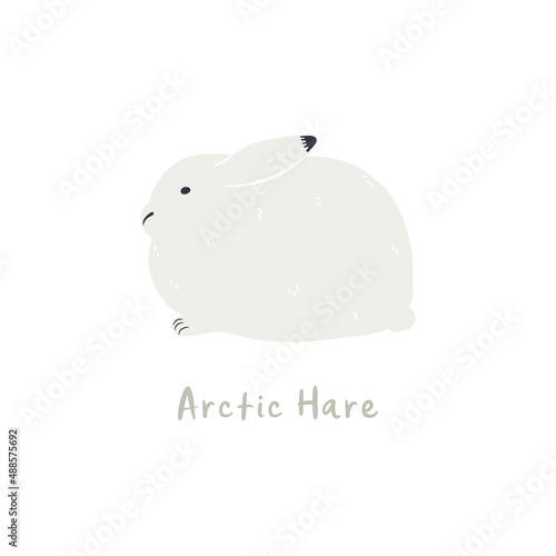 Cute cartoon arctic hare, isolated on white. Hand drawn vector illustration. Winter animal character. Arctic wildlife, nature. Design concept for kids fashion, textile print, poster, card, baby shower