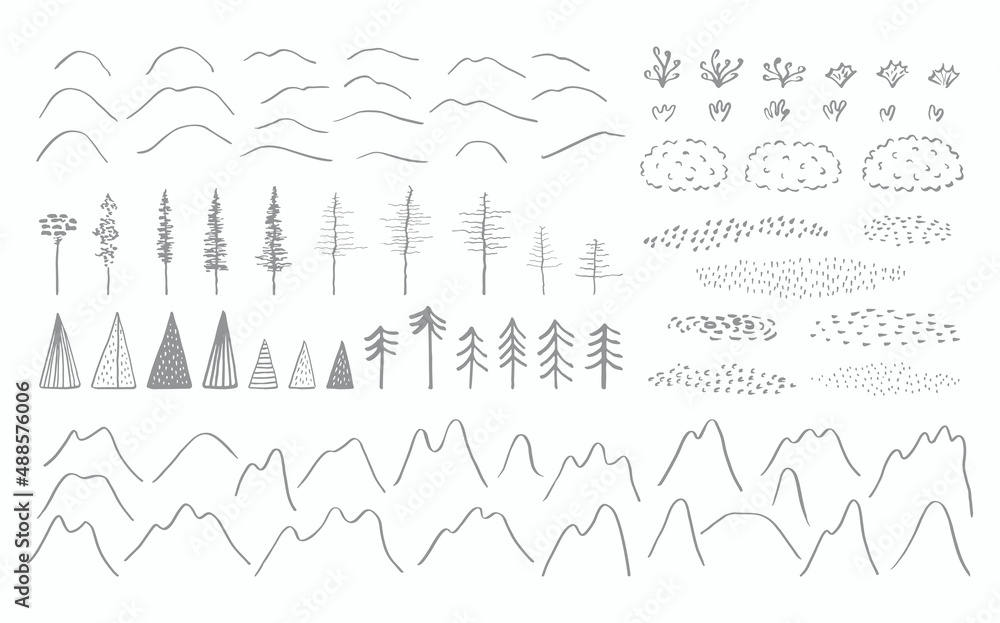 Northern landscape minimalist style elements collection, mountains, snow drifts, trees, plants, moss, lichen, textures, isolated on white. Hand drawn vector illustration. Tundra scene creator