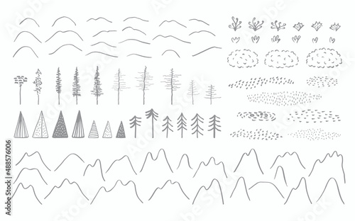 Northern landscape minimalist style elements collection, mountains, snow drifts, trees, plants, moss, lichen, textures, isolated on white. Hand drawn vector illustration. Tundra scene creator