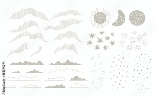 Celestial, weather minimalist style elements collection, northern lights, clouds, sun, moon, stars, snow, snowflakes, isolated on white. Hand drawn vector illustration. Northern sky scene creator.
