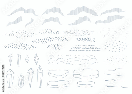 Northern landscape minimalist style elements collection, snow drifts, northern lights, waves, ice floes, crystals, textures, isolated on white. Hand drawn vector illustration. Arctic scene creator