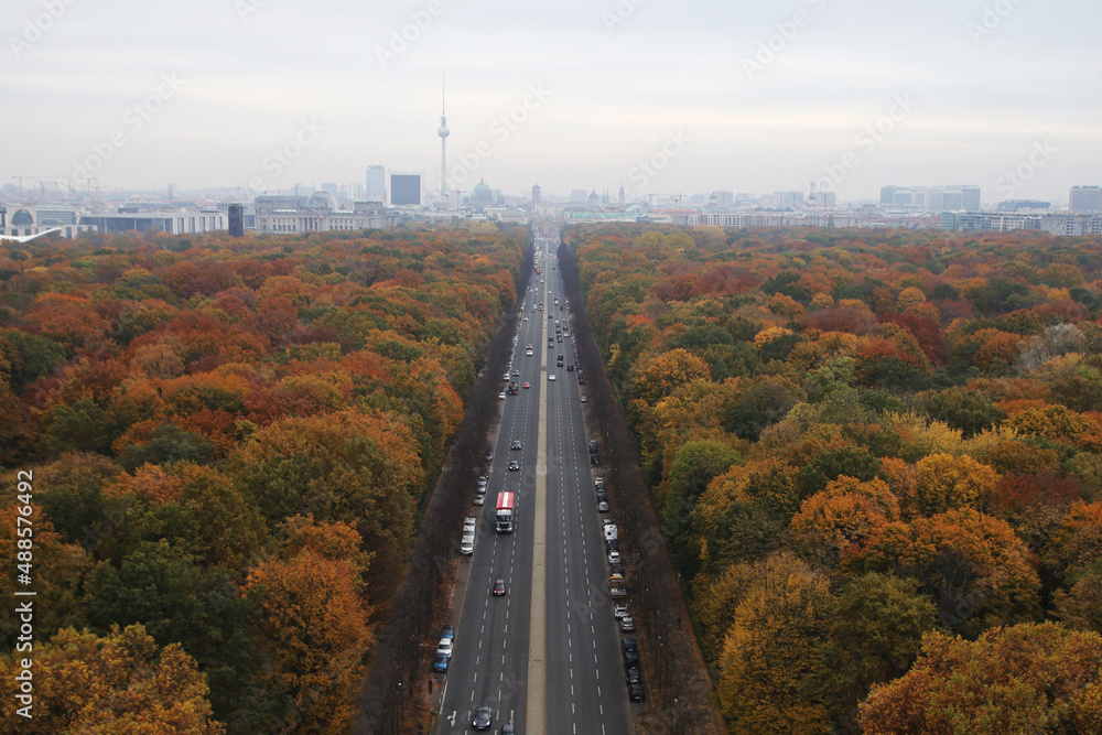 Panorama of Berlin center and Big Tiergarten park, the view from the column of Victory	