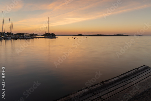 Finland. Turku. July 3, 2021 Yachts at the pier. Sunset on the sea. . Vacation, vacation, relaxation concept