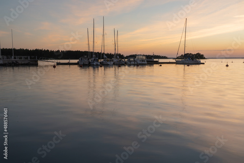 Finland. Turku. July 3, 2021 Yachts at the pier. Sunset on the sea. . Vacation, vacation, relaxation concept