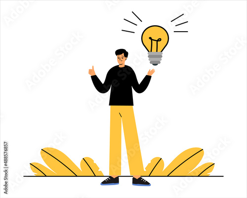 The man had a new idea, an idea in the form of an electric light bulb. The man held up his finger. Vector illustration