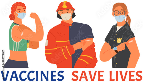 Stop coronavirus agitation concept. Vaccination promo, immunization of workers. Vaccine saves lives. People wearing protective mask showing their arm with bandage after receiving covid-19 vaccine