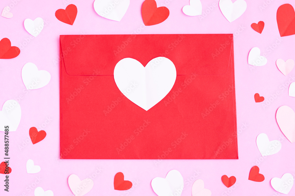  Red envelope with heart papercut on pink background