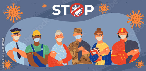 Stop coronavirus agitation concept. Vaccination promo, immunization of workers. Vaccine saves lives. People wearing protective mask showing their arm with bandage after receiving covid-19 vaccine