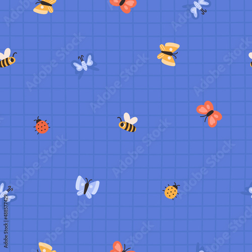 Cute childish seamless pattern with bee, butterfly and ladybug on a checkered background. Cartoon vector illustration. Nursery Print for textiles and paper.