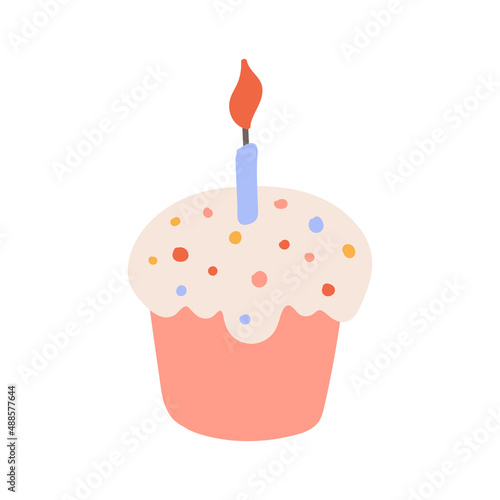 Cute pink cake, beige cream with topping and candle isolated on a white background. Cartoon vector illustration. Sweet dessert.