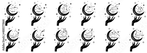 Zodiac astrology horoscope design vector illustrations set. esoteric zodiacal horoscope templates