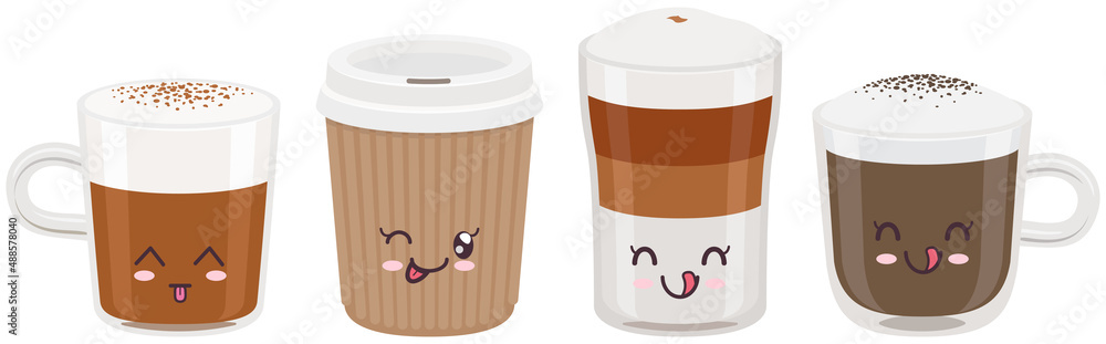 Cute cups of coffee set sticker kawaii icon vector design. Adorable cute  hot drinks, coffee to go, latte in cup with positive emotions, japanese,  oriental culture symbol anime, facial expression Stock Vector