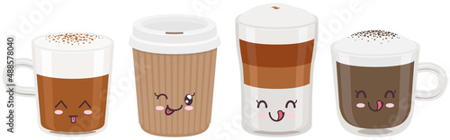 Cute cups of coffee set sticker kawaii icon vector design. Adorable cute hot drinks, coffee to go, latte in cup with positive emotions, japanese, oriental culture symbol anime, facial expression