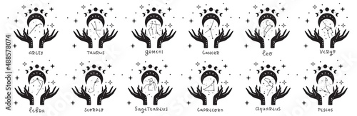 Zodiac astrology horoscope design vector illustrations set. esoteric zodiacal horoscope templates