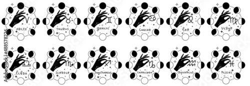 Zodiac astrology horoscope design vector illustrations set. esoteric zodiacal horoscope templates