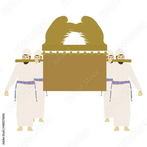 Fotografie, Obraz Four traditionally dressed Jewish priests carry on their shoulders the Ark of the Covenant that was in the Temple and in the tabernacle made of gold