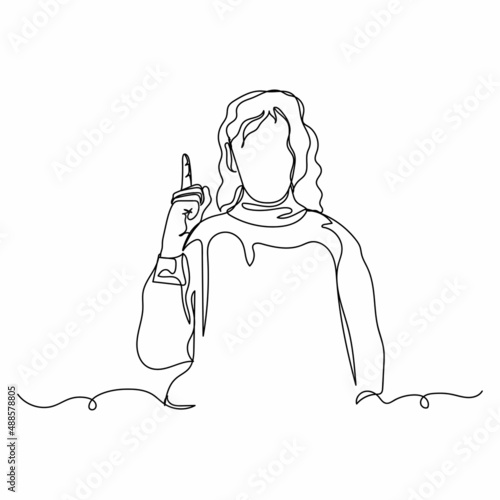 Continuous one simple single abstract line drawing of girl pointing finger up icon in silhouette on a white background. Linear stylized.