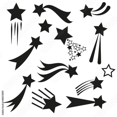 Shooting stars icons with different tails set. Simple meteorites fall on stardust. isolated on white background. eps10