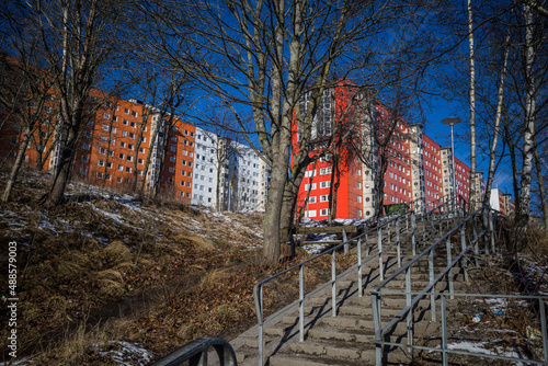 Canvas Print Stockholm, Sweden A public staircase  in the Flemingsberg suburb or district on a sunny winter day