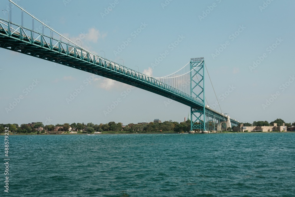 The Ambassador Bridge, seen from Riverside Park, in Detroit, Michigan